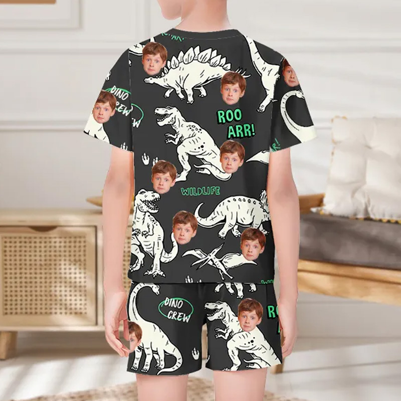 Personalized Dinosaur Photo Fruit Pajamas Crew Neck Short Sleeve Short Pants Face House-wear Suit For Boys For Kids