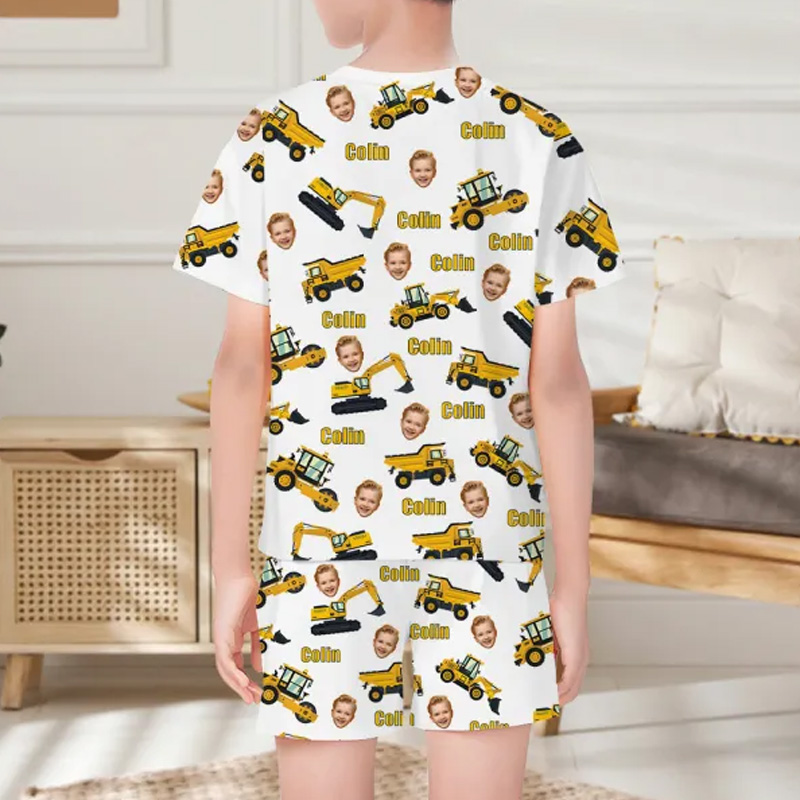 Personalized Engineering Vehicle Photo Pajamas Crew Neck Short Sleeve Short Pants Face Home-wear Suit For Boys For Kids