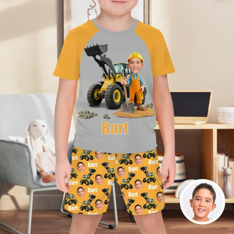 Personalized Photo Excavator Pajamas Crew Neck Short Sleeve Short Pants Face House-wear Suit For Boys For Kids