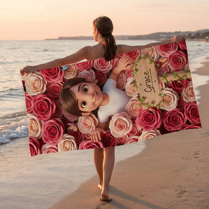 Personalized Birth Flower Cartoon Kid Photo Quick Dry Oversized Microfiber Beach Towel with Name Travel Essentials Beach Party Birthday Gift for Kids
