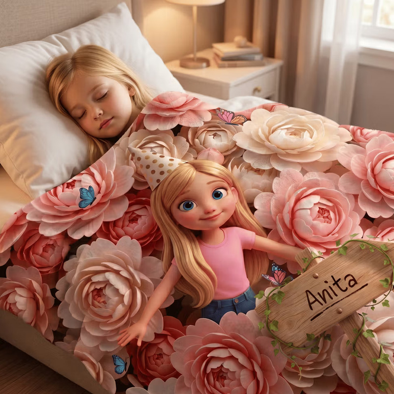 Personalized Birth Flower Cartoon Character Photo Soft Throw Blanket with Name Home Decor Birthday Gift for Kids