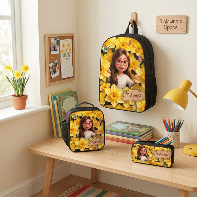 Personalized Birth Flower Photo Backpack Pencil Case Lunch Bag Set with Name Back To School Birthday Gift for Kids Boys Girls