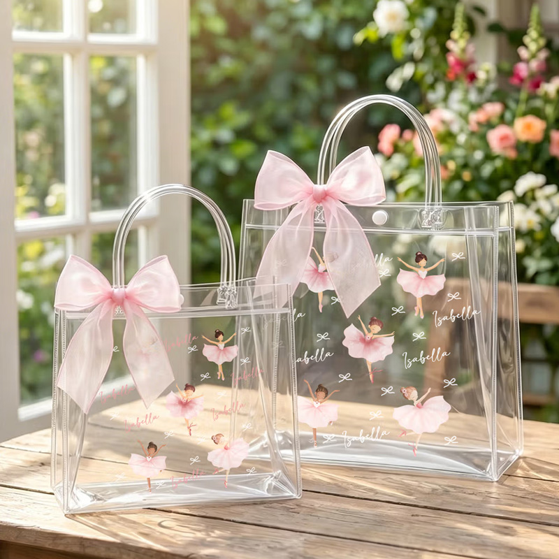 Personalized Ballerina Girl Bow Transparent Gift Bag with Name and Ribbon Daily Use Birthday Gift for Girl Ballet Lover