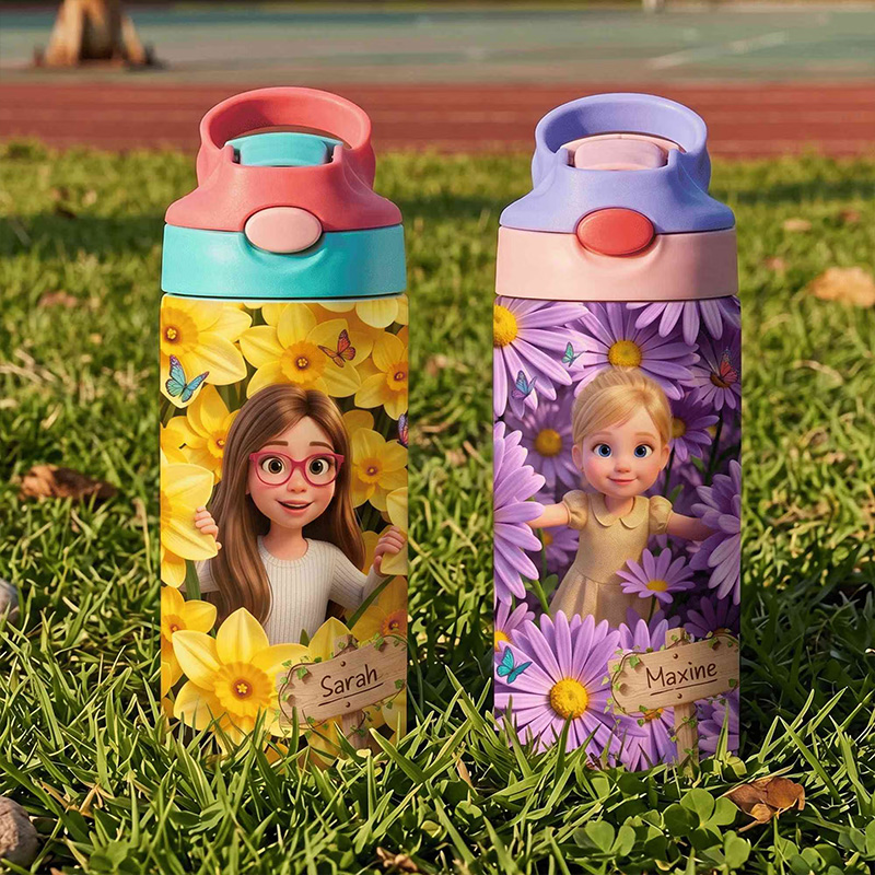 Personalized Birth Flower Water Bottle Themed Magical Garden Adventure Design Custom Kids Photo Leakproof Travel Cup