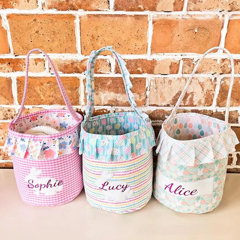 Personalized Unique Custom Name Adorable Rabbit Surrounded by Flowers Kids Holiday Treat Holder Easter Basket