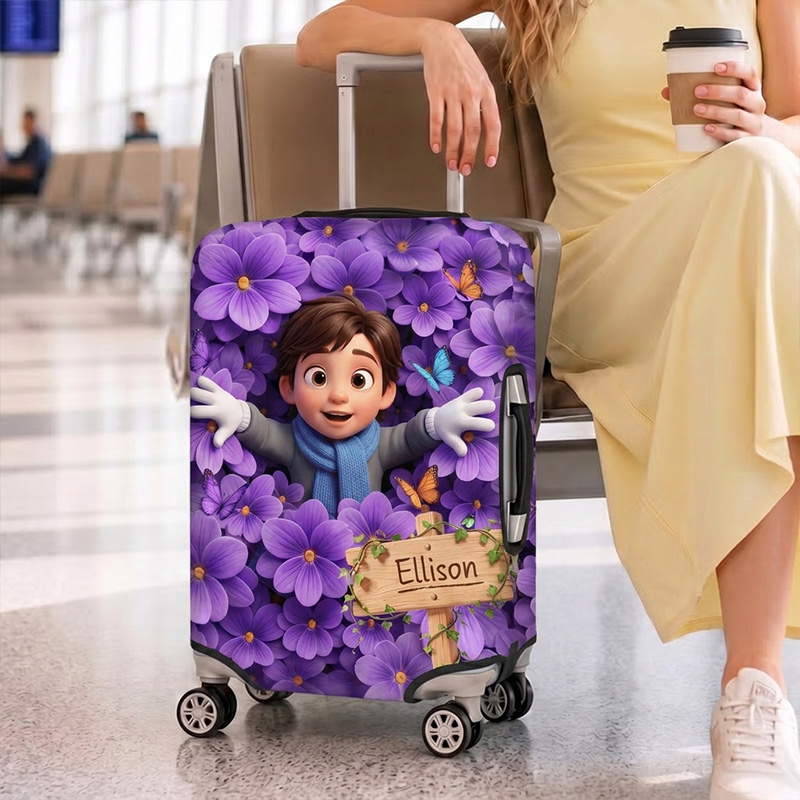 Personalized Birth Flower Luggage Cover Themed Blooming Garden Adventure Design Custom Kids Name and Photo Travel Suitcase Protector