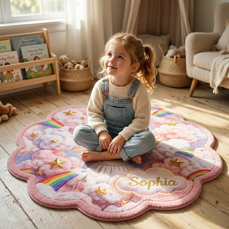 Personalized Angel Rainbow Kids Rug Themed Dreamy Cloud Fantasy Bedroom Decor Design Soft Custom Name Play Mat For Girls