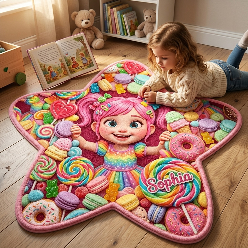 Personalized Candy Fairy Kids Rug Themed Sweet Treat Rainbow Fantasy Bedroom Decor Design Soft Custom Name Star Shaped Play Mat