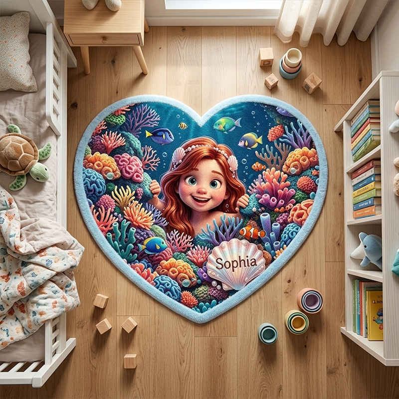 Personalized Ocean Mermaid Kids Rug Themed Underwater Coral Reef Adventure Bedroom Decor Design Soft Custom Name and Baby Photo Heart Shaped Play Mat