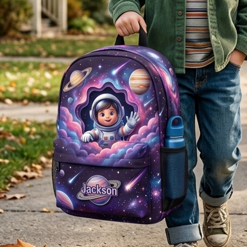 Personalized Space Astronaut Kids Backpack Themed Galaxy Planet School Bag Design Custom Name and Kid Photo Cosmic Pattern Travel Daypack