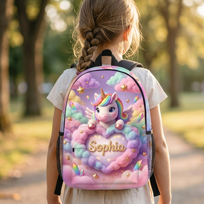 Personalized Rainbow Horse Kids Backpack Themed Magical Fantasy School Bag Design Custom Name and Kid Photo Cloud Pattern Travel Daypack