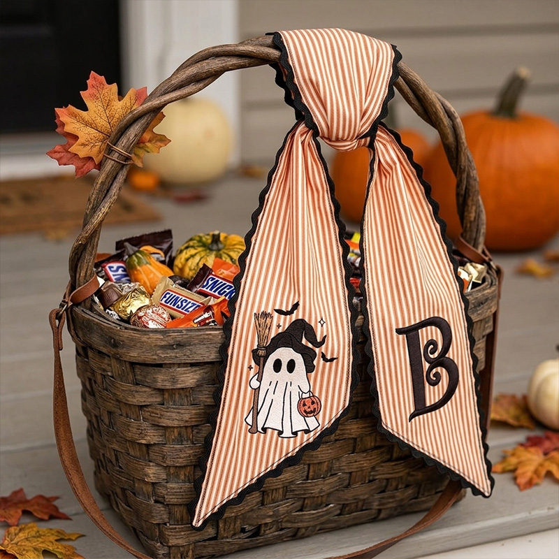 Personalized Embroidered Witch Ghost Halloween Wreath Sash Ghost Monogram Ribbon Themed Spooky Fall Decor Design Custom Initial For Door Halloween Wreath Sash