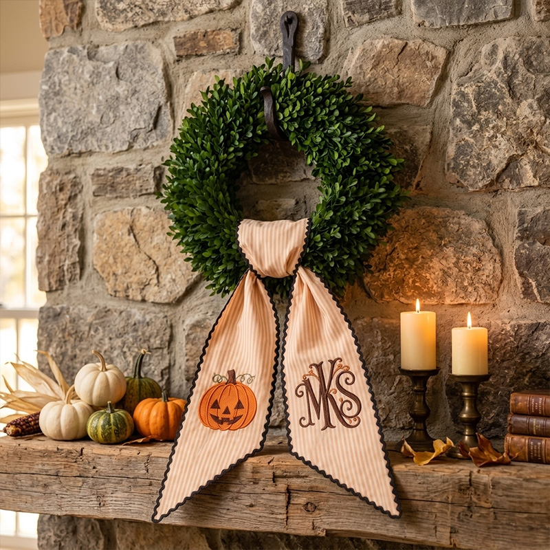 Personalized Embroidered Pumpkin Monogram Ribbon Themed Fall Harvest Decor Design Custom Initial For Door Halloween Wreath Sash