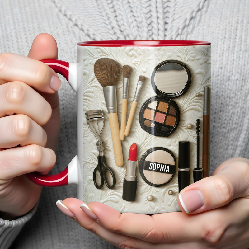 Personalized Capture the Beauty of Your Everyday Look Featuring Essential Makeup Tools Custom Accent Mug Gift for Makeup Lovers