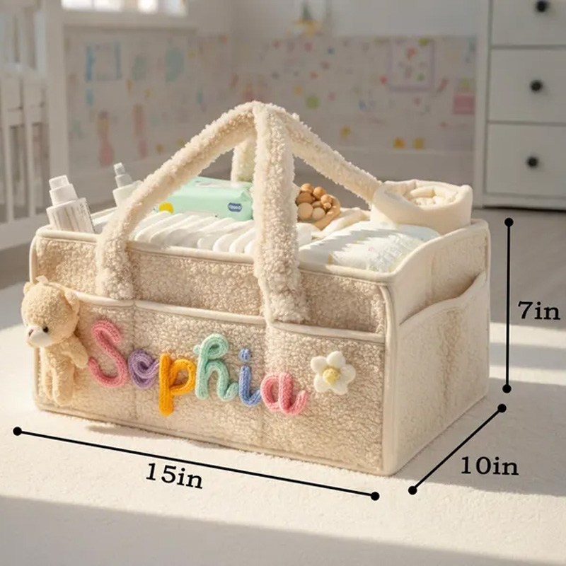 Personalized Plush Baby Storage Basket Soft Bin Side Pockets Custom Nursery Organizer with Charm