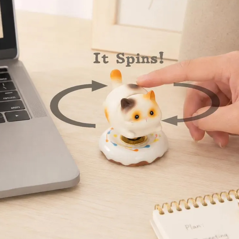 Cute Cat Spinning Desk Decor Resin Fidget Toy Kawaii Rotating Figurine with Donut Base Stress Relief Gift Cute Desktop Decoration Gift for Kids