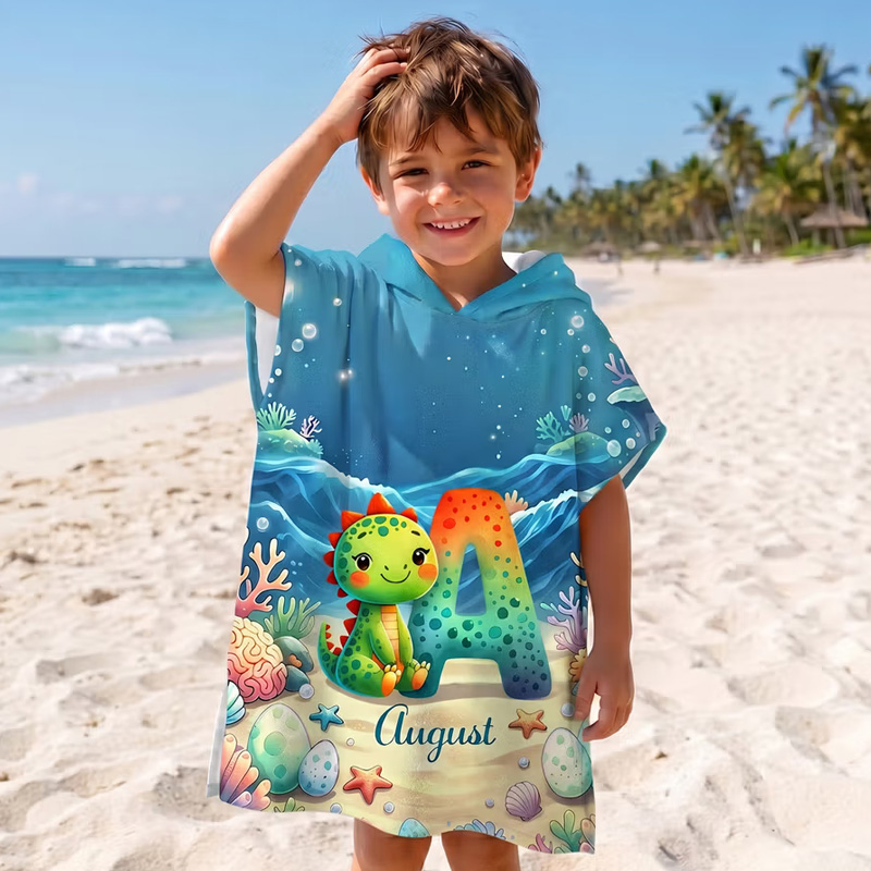 Personalized Dinosaur Mermaid Soft Kids Hooded Beach Towel with Name and Initial Beach Party Summer Vacation Birthday Gift for Boys Girls