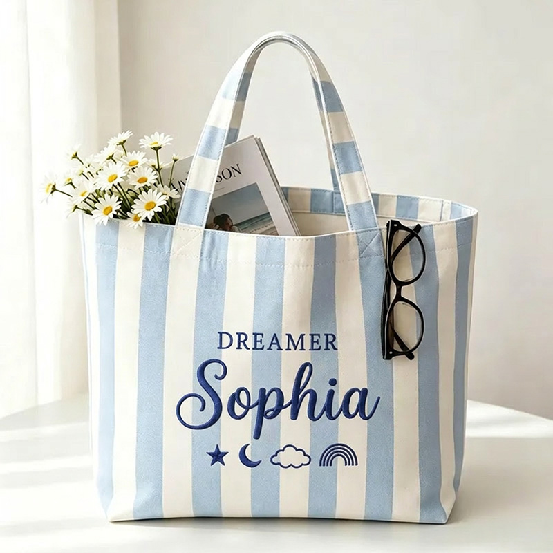 Personalized Dreamer Themed Pastel Stripe Design Canvas Tote Bag With Name Moon Star Cloud Rainbow Motifs Design 