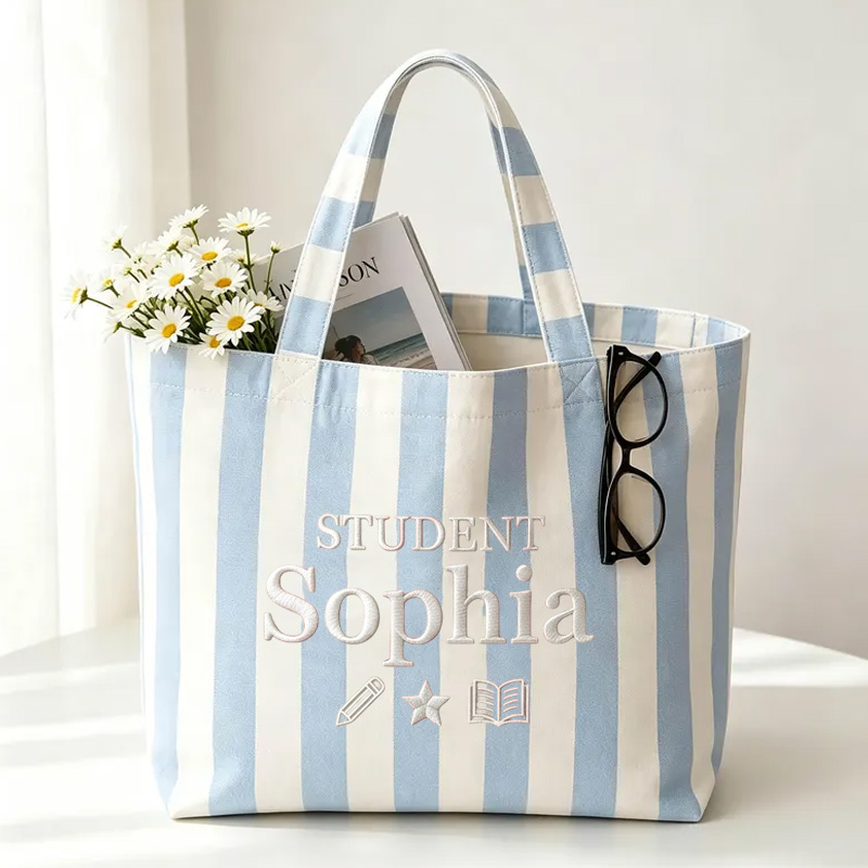 Personalized Embroidery Student Themed Pink Stripe Design Canvas Tote Bag With Name Motifs
