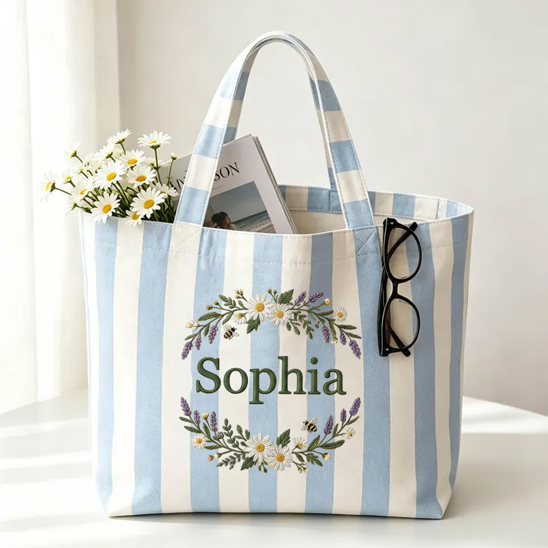 Personalized Embroidery Floral Wreath Themed Lavender Stripe Design Canvas Tote Bag With Name Rustic Botanical Pattern Gift for Girls