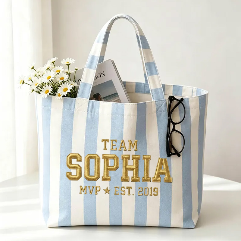 Personalized Embroidery Team Themed Neutral Stripe Design Canvas Tote Bag With Name MVP Est Year Sporty Varsity Style