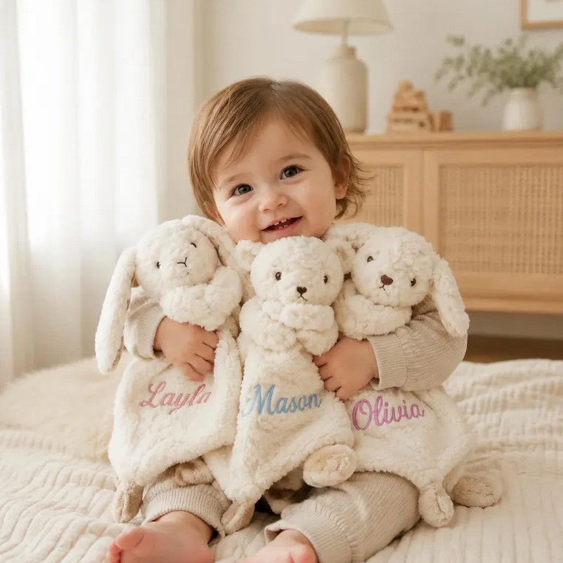 Personalized Embroidered Plush Bunny Security Blanket With Embroidered Name Soft Baby Lovey Comforter For Newborns Toddlers