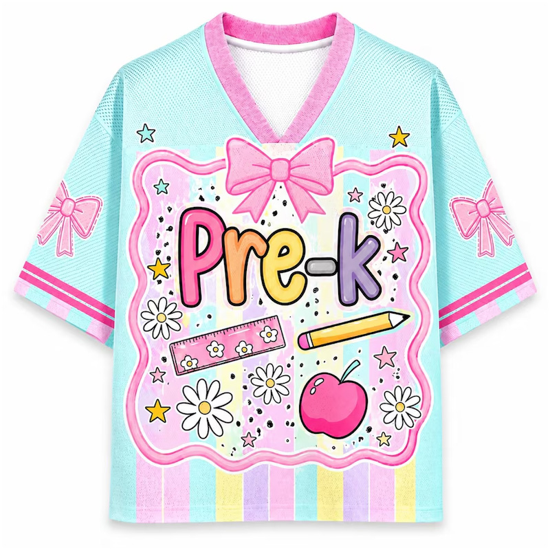Personalized Grade Back To School Themed Kids Jersey Top Colorful Pastel Lettering Flowers Bows Rainbow Cute Outfit