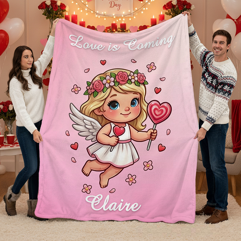 Personalized Name Valentine's Angel Pink Blanket Flannel Sherpa Throw for Bed Couch Home Decor Anniversary Valentine's Day Gift for Couples