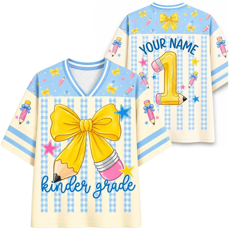 Personalized Grade Back To School Yellow Bow Kids Jersey Cute Pastel Stripes Stars Hearts Fun Classroom Outfit