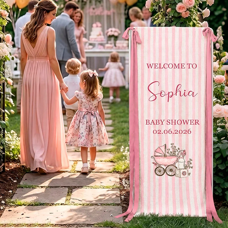 Personalized Baby Shower Banner With Custom Name Cute Bear Stroller Duck Options Pink Stripe Party Decor Welcome Sign