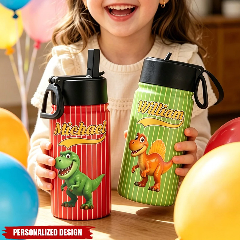 Personalized Kids Dinosaur Vehicles Water Bottle Custom Name Cute Green And Red Stripe T Rex And Triceratops Back To School Cup