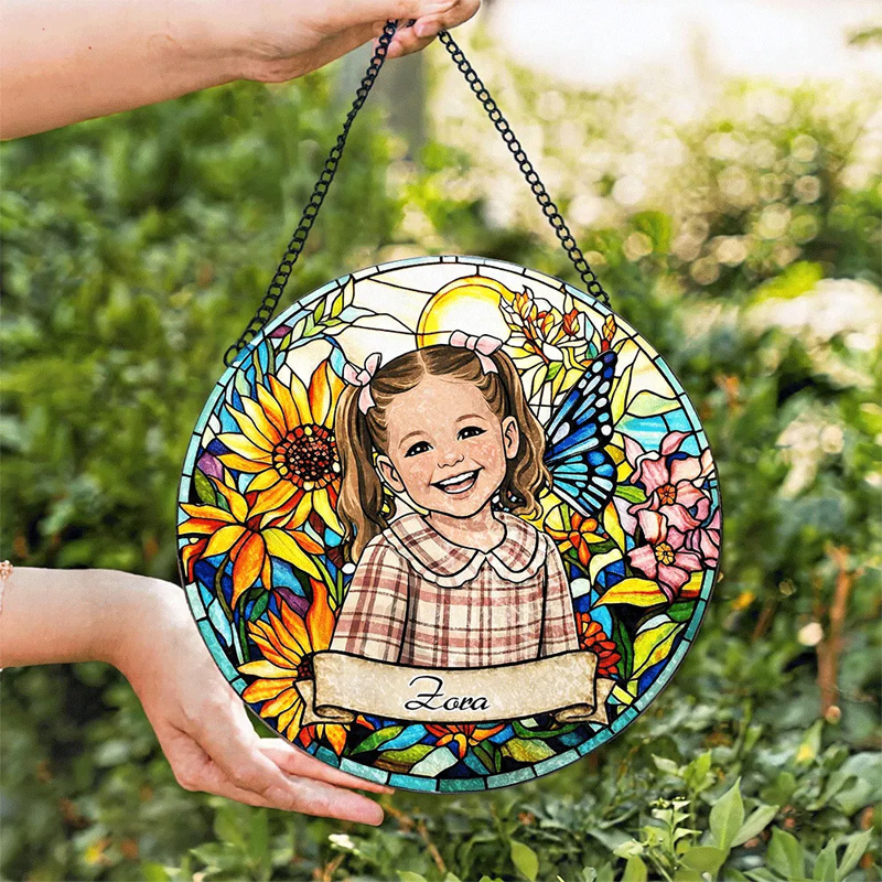 Personalized Kid's Photo and Name Portrait Stained Glass Floral Kids Name Keepsake Window Hanging Suncatcher