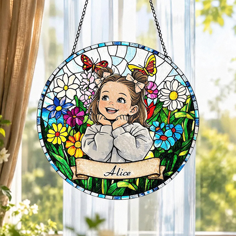 Personalized Photo Portrait Stained Glass Colorful Garden Flowers Butterfly Kids Name Keepsake Window Hanging Suncatcher