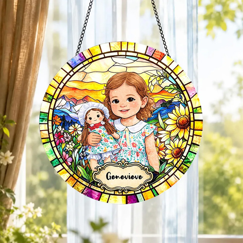 Personalized Photo Portrait Stained Glass Rainbow Border Girl With Doll Colorful Name Keepsake Window Hanging Suncatcher