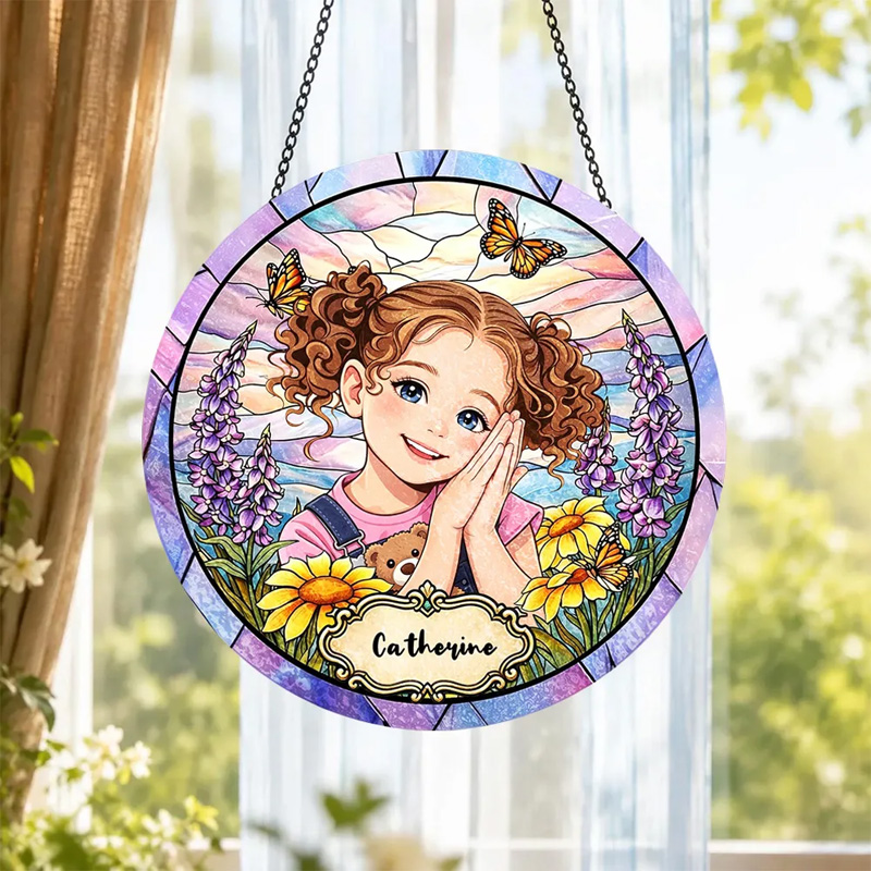 Personalized Photo Portrait Stained Glass Pastel Sky Flowers Butterflies Girl Name Keepsake Window Hanging Suncatcher