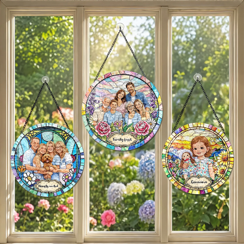 Personalized Photo Portrait Stained Glass Siblings In Garden Blue Green Border Kids Names Keepsake Window Hanging Suncatcher