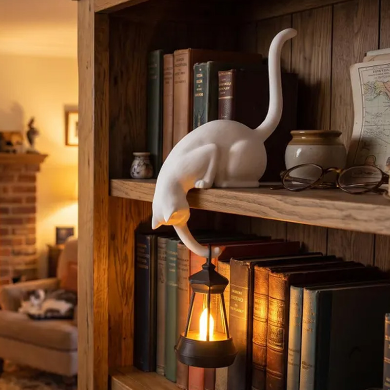 Cute Curved Tail Shelf Cat Ornament Decorative Wall Hanging Storage Hook With Vintage Lantern