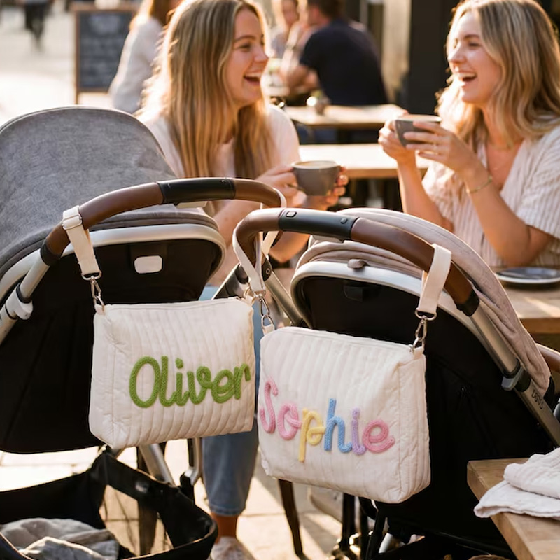 Personalized Quilted Baby Stroller Diaper Bag With Custom Rainbow Name Patch For Mom And Kids
