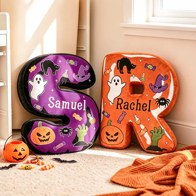 Personalized Halloween Alphabet Initial Name Cushion With Cute Ghost Pumpkin Spider Bat And Candy Kids Bedroom Decorative 3D Print Pillow