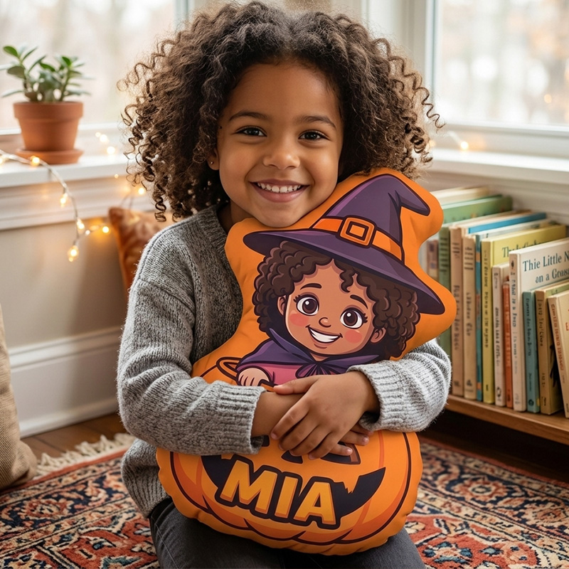 Personalized Halloween Girl Witch With Pumpkin Bucket Custom Name and Photo Kids Room Decoration Throw Cushion 3D Print Pillow