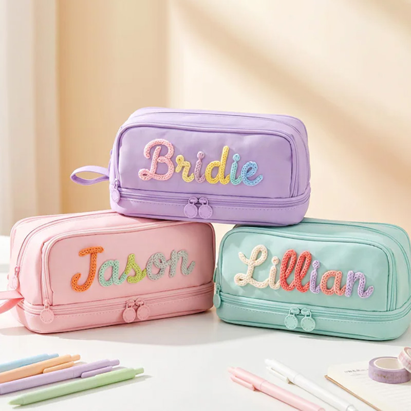 Personalized Rope Embroidery Name Pencil Case Cute Zipper Stationery Storage Bag For Kids School And Office
