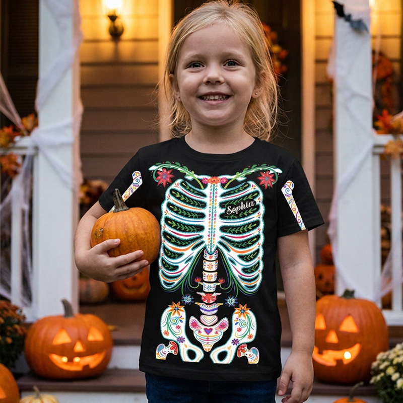 Personalized Day Of The Dead Sugar Skeleton Hispanic Skeleton Sugar Skull Print Custom Name Short Sleeve Cotton Kids Shirts