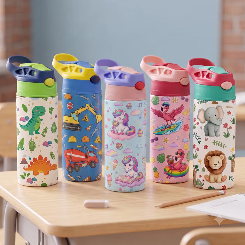 Personalized Multicolor Excavator Animal 12 oz Insulated Kid Water Bottle with Name and Photo Back to School Birthday Gift for Boys Girls Kids