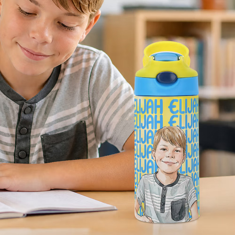Personalized Watercolor Style Photo 12 oz Insulated Water Bottle with Name and Straw Daily Use Back to School Birthday Gift for Kids Boys Girls
