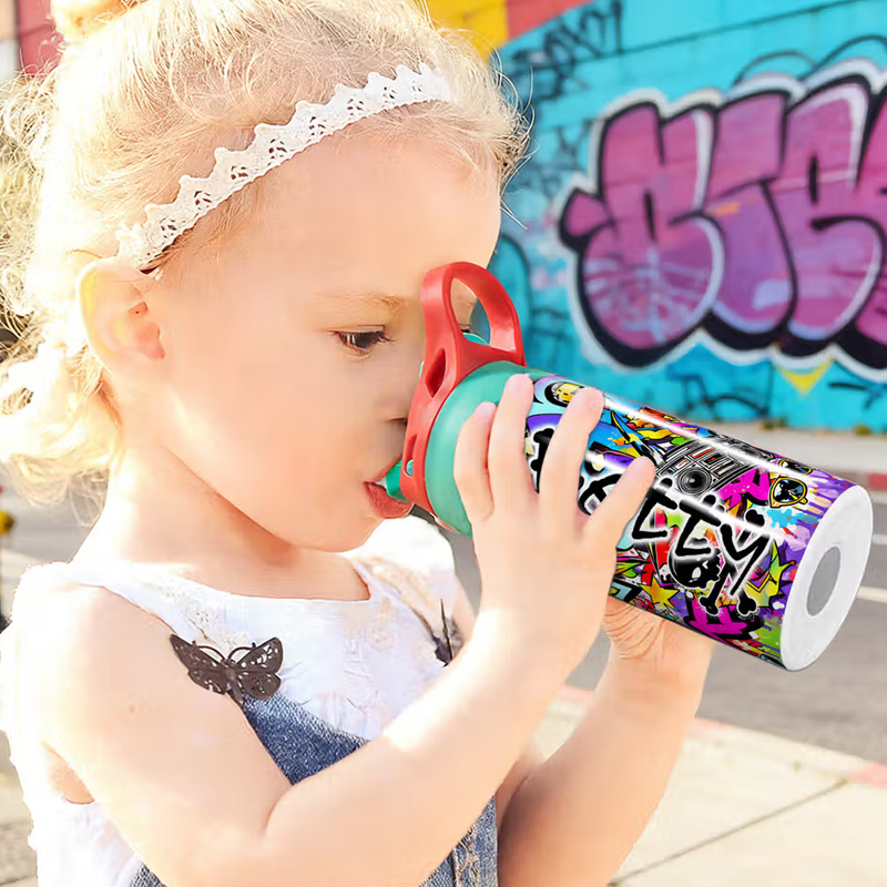Personalized Graffiti Style 12 oz Insulated Kid Water Bottle with Name and Straw Back to School Birthday Gift for Boys Girls