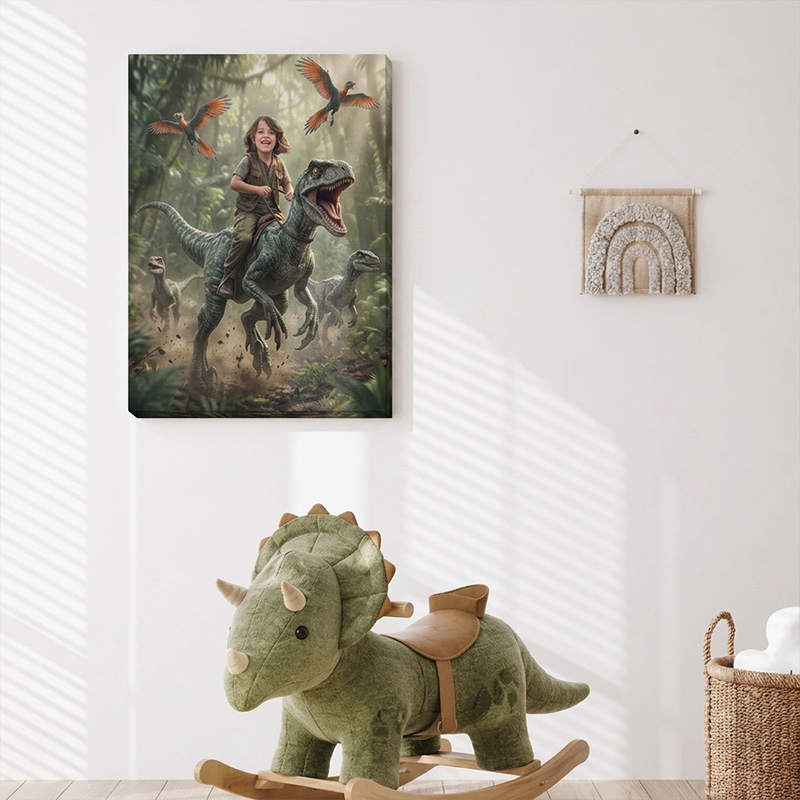 Personalized Dinosaur Adventure Canvas Custom Photo Kid Riding Raptor Jungle Wall Art For Boys Room Decor