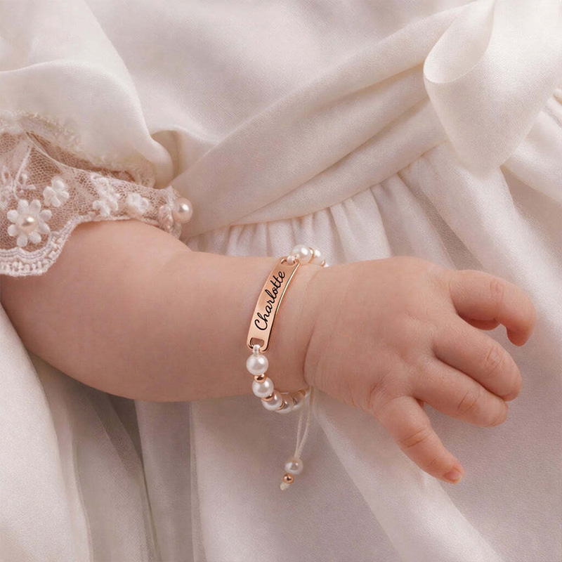 Personalized Baby Name Pearl Bracelet Custom Engraved Gold Bar Newborn Baptism Gift Keepsake For Girls Boys