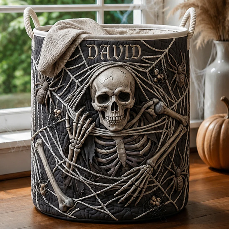 Personalized Halloween Skeleton Laundry Basket Spooky Skull Storage Bin Custom Name Clothes Hamper For Home Gift for Kids
