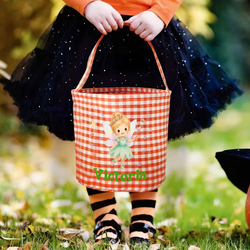 Personalized Halloween Trick Or Treat Bag Gingham Vampire Candy Bucket Custom Name Reusable Kids Treat Tote