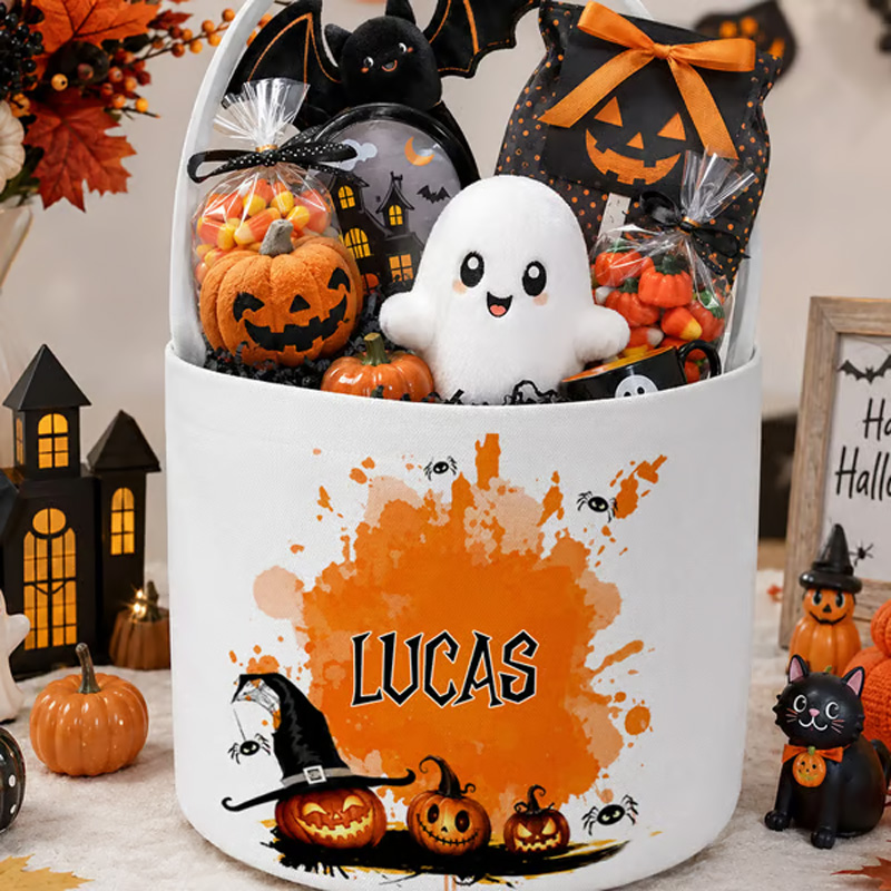 Personalized Halloween Trick Or Treat Bucket Custom Candy Pail With Name Reusable Kids Pumpkin Ghost Treat Tote